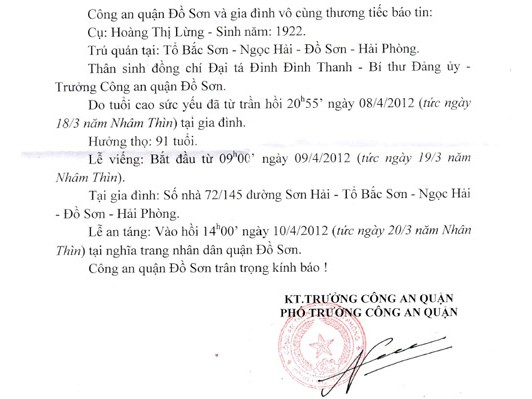 Báo tang mẹ trưởng công an quận bằng văn bản Báo tang mẹ trưởng công an quận bằng văn bản