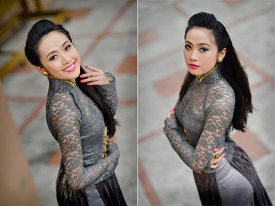 Lê Nhã Uyên khoe đường cong với áo dài ren Lê Nhã Uyên khoe đường cong với áo dài ren