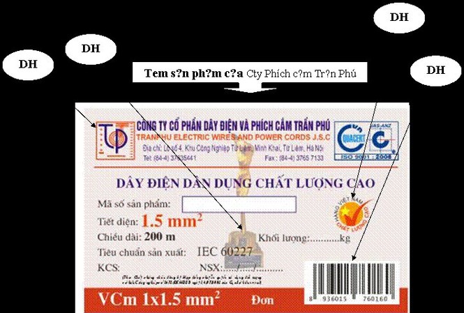 Dây cáp điện Trần Phú bị 'nhái' mẫu mã? Tem sản phẩm của Cty Phích cắm Trần Phú tự tiện in những dấu hiệu riêng của Cty Cơ điện Trần Phú.