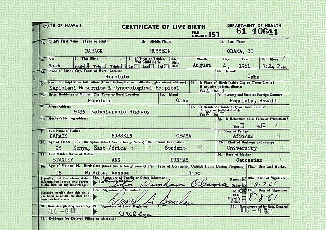 Giấy khai sinh của Tổng thống Mỹ Obama Giấy khai sinh của Tổng thống Mỹ Obama