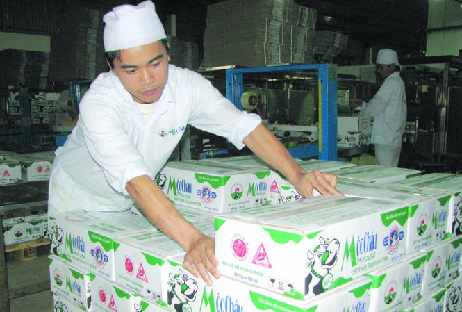 Vườn đào Mộc Châu 'mùa' tỷ phú Sản xuất, đóng gói sữa Mộc Châu tại nhà máy. Ảnh: QT