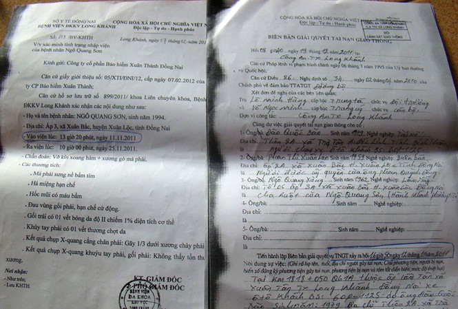 Trục lợi bảo hiểm? Anh Ngô Quang Sơn bị tai nạn nhập viện vào ngày 11-11-2011 (văn bản bên trái), nhưng biên bản của Công an thị xã Long Khánh thể hiện vụ tai nạn xảy ra vào ngày 12-11-2011