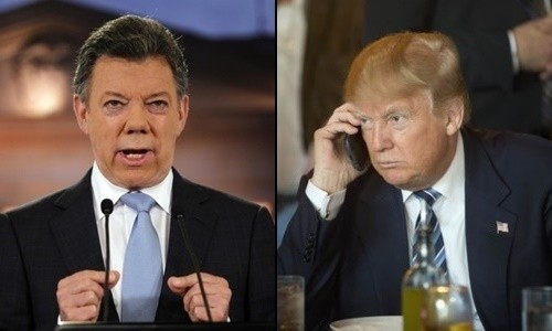 Ông Trump điện đàm 25 phút với Tổng thống Colombia Tổng thống Mỹ Donald Trump (phải) và người đồng cấp Colombia Juan Manuel Santos. Ảnh: AP