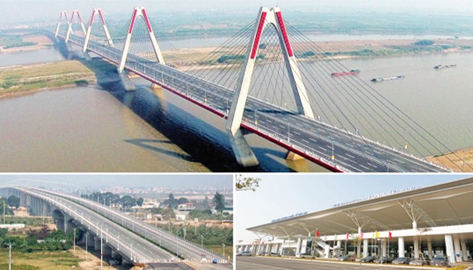 Đưa Việt Nam gần hơn với thế giới Cụm dự án Nhật Tân - Nội Bài mới khánh thành: Cầu Nhật Tân (ảnh trên), đường Võ Nguyên Giáp (trái), nhà ga T2 (phải). Ảnh: PV.