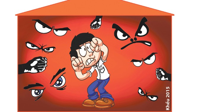 Trầm cảm vì bạo lực học đường Bạo lực thể xác cũng như tinh thần bủa vây học sinh cả ngoài đời và trên mạng. Minh họa : Khều.