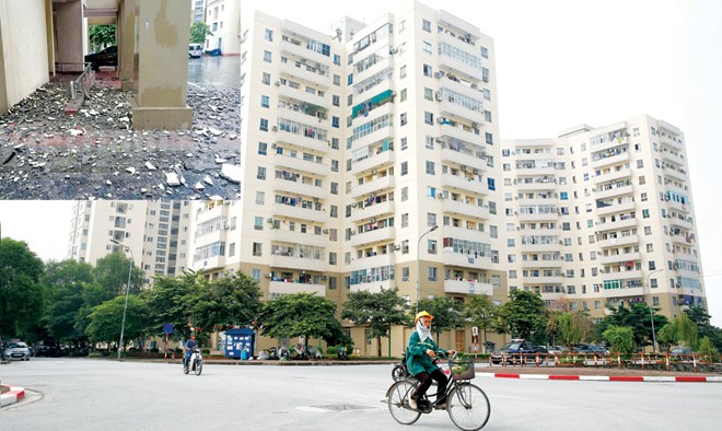 Quỹ nhà tái định cư Hà Nội: Sai phạm nhiều, dân bức xúc đủ bề Khu đô thị Nam Trung Yên (ảnh lớn); Từng mảng vữa tường lớn của tòa nhà B11C khu đô thị Nam Trung Yên rơi sập xuống đất trong cơn mưa ngày 28/7 (ảnh nhỏ). Ảnh: Hồng Vĩnh - VNN.