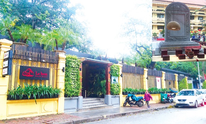 Bảo tàng không dành cho nhà hàng, tiệc cưới Quán cà phê thuê tại Bảo tàng Lịch sử Quốc gia nằm trên đường Phạm Ngũ Lão, Hoàn Kiếm, Hà Nội để kinh doanh (ảnh lớn); Nhiều vật dụng phục vụ bữa tiệc quây kín hiện vật trưng bày trên sân Bảo tàng Lịch sử Quốc gia (ảnh nhỏ). Ảnh: Ngọc Châu - Trần hoàng.