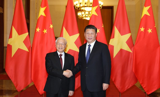 Việt-Trung nhất trí thúc đẩy hợp tác thực chất Tổng Bí thư Nguyễn Phú Trọng và Tổng Bí thư, Chủ tịch Trung Quốc Tập Cận Bình hội đàm chiều 12/1 tại Bắc Kinh. Ảnh: TTXVN