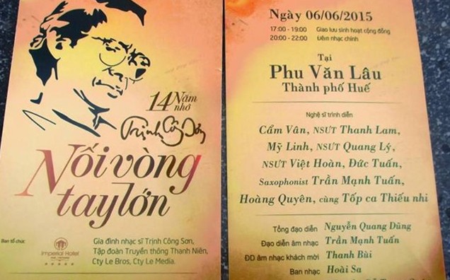 4 ca khúc Trịnh Công Sơn không được diễn ở Huế: Gia đình nói gì? Đây không phải là lần đầu tiên ca khúc "Nối vòng tay lớn" biểu diễn tại Huế. Hình: Chương trình Nối vòng tay lớn tại Huế vào ngày 6/6/2015 tại Phu Văn Lâu