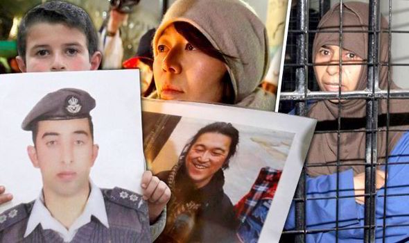 Jordan dọa hành quyết nữ tù binh nếu IS không thả phi công Viên phi công, con tin người Nhật và nữ tù binh Jordan. Ảnh: Express