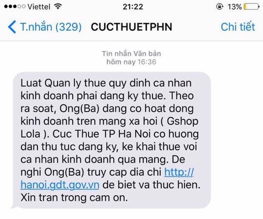 Cục thuế Hà Nội bắt đầu “đòi” thuế người bán hàng trên facebook Tin nhắn của Cục Thuế Hà Nội yêu cầu người bán hàng trên facebook nộp thuế
