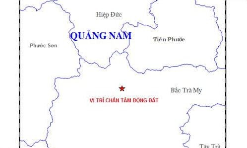 Hai trận động đất liên tiếp tại Quảng Nam Bản đồ chấn tâm động đất - ảnh Trung tâm báo tin động đất và cảnh báo sóng thần – Viện Vật lý Địa cầu.