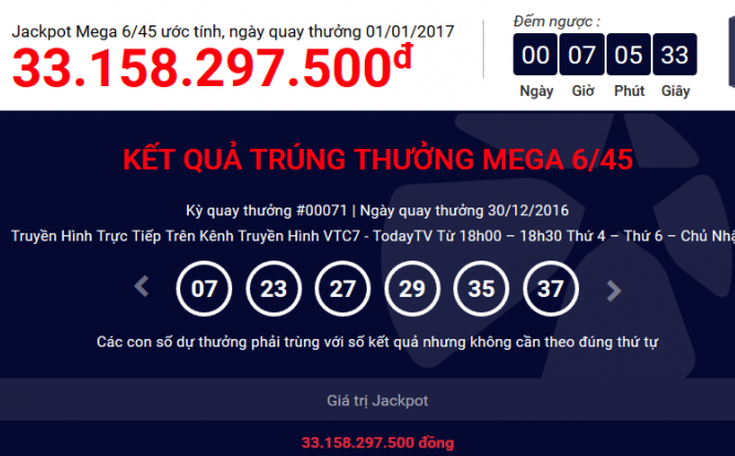Kết quả xổ số Vietlott 01/01/2017: 33 tỷ chờ người may mắn năm mới Kết quả quay thưởng xổ số Vietlott Jackpot Mega 6/45 ngày 30/12/2016.
