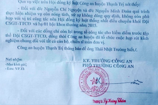 Chuyển công tác, hạ bậc khen thưởng 2 cảnh sát đánh dân Kết quả xử lý tố cáo cảnh sát đánh dân của Công an huyện Thạnh Trị, tỉnh Sóc Trăng