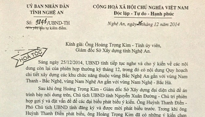 Giám đốc Sở bị kiểm điểm vì 'thiếu tôn trọng' lãnh đạo tỉnh Công văn yêu cầu ông Hoàng Trọng Kim - Giám đốc Sở XD Nghệ An nghiêm túc tự kiểm điểm và tự nhận hình thức kỷ luật vì "có những thái độ, lời lẽ thiếu tôn trọng" đối với Chủ tịch UBND tỉnh này.