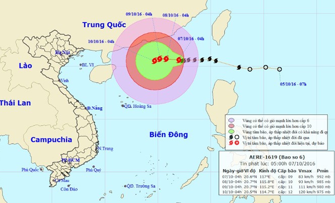 Vào biển Đông, bão số 6 mạnh lên giật cấp 11 - 12 Vị trí và dự báo đường đi của cơn bão số 6. Nguồn: Trung tâm dự báo khí tượng thủy văn Trung ương.