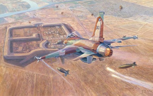 Trận tập kích nhà máy hạt nhân Iraq của tiêm kích Israel Tiêm kích F-16 ném bom nhà máy Orsirak. Hình minh họa: David Icke.