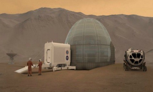 Kinh ngạc với ý tưởng xây nhà băng trên sao Hỏa của NASA Hình ảnh minh họa ý tưởng xây nhà băng trên sao Hỏa của NASA. Ảnh: NASA Langley.