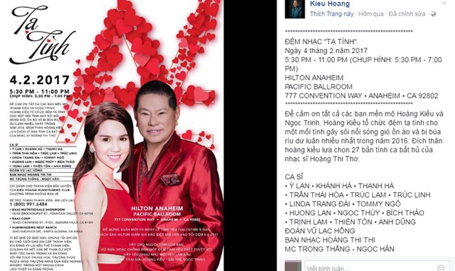 Hương Lan, Khánh Hà hát trong đêm nhạc tri ân fan của Hoàng Kiều Poster kèm hình ảnh của Hoàng Kiều - Ngọc Trinh.