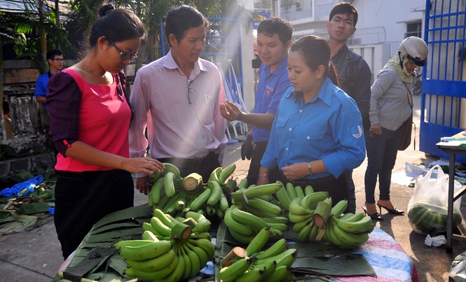 Bán chuối giúp nông dân Các bạn đoàn viên trực tiếp bán chuối.