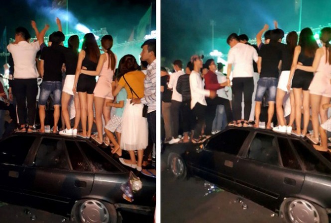 Hàng chục thanh niên nhảy nhót dẫm hỏng ôtô: Lỗi thuộc về ai? Nhóm thanh niên vô tư leo lên xe nhún nhảy. Ảnh: Thám Tử Vũng Tàu.