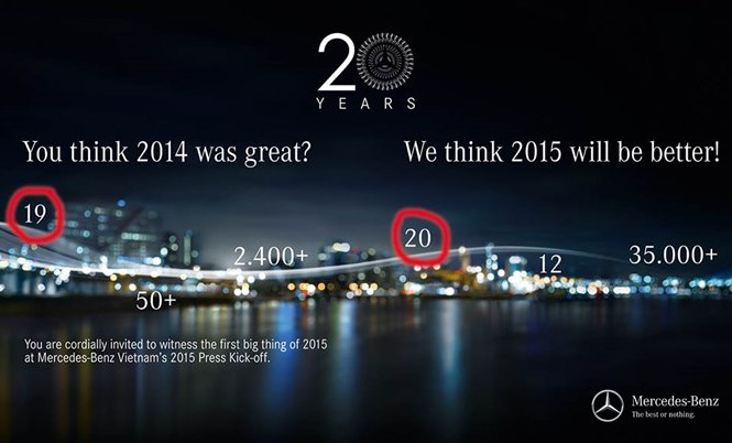 Năm 2015, Mercedes-Benz sẽ ra mắt 20 mẫu xe mới?! Thông điệp cho thấy 19 mẫu xe mới ra mắt năm 2014 và con số này hẳn là 20 trong năm 2015 để có thể tốt hơn!