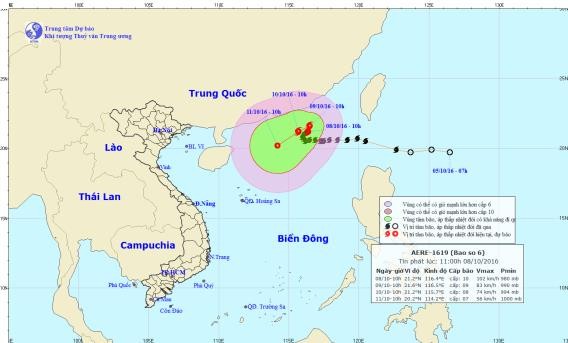 Bão Aere cách quần đảo Hoàng Sa 680 km Vị trí và dự báo đường đi của cơn bão số 6. Nguồn: Trung tâm dự báo khí tượng thủy văn Trung ương.