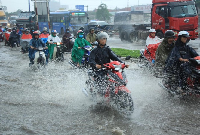 Người dân Sài Gòn lại bì bõm 'vượt lũ' sau mưa lớn Nhiều người dân đi lại khó khăn tại đoạn ngập dưới chân cầu Rạch Chiếc (quận Thủ Đức)