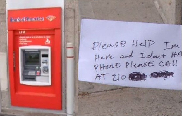 Người đàn ông mắc kẹt trong máy ATM, gửi lời cầu cứu qua khe rút tiền Chốt ATM, nơi nhân viên ngân hàng Ngân hàng Bank of America bị mắc kẹt và tờ giấy cầu cứu của anh. Ảnh: Fox8