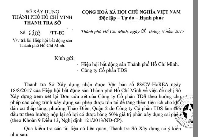 TPHCM bác đề nghị 'hợp thức hóa sai phạm' dự án Thảo Điền Sapphire - ảnh 1