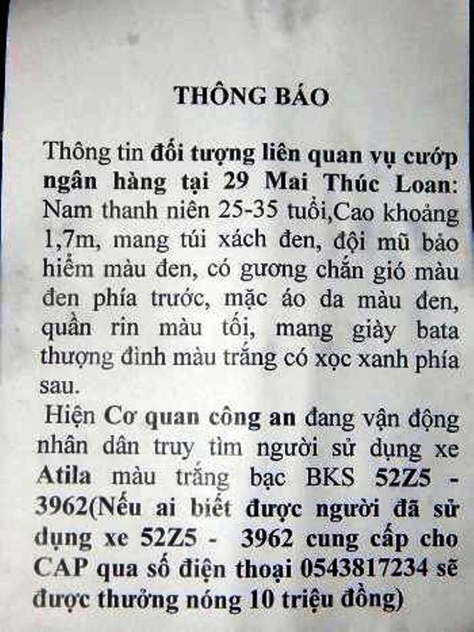 Công an phường treo thưởng tìm manh mối tên cướp ngân hàng tại Huế - ảnh 1