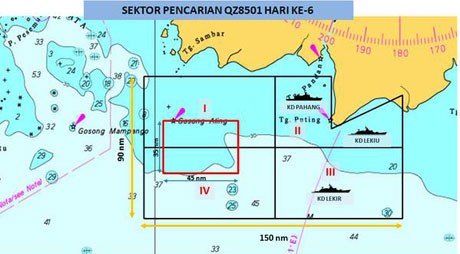 Bản đồ khu vực khả dĩ của xác máy bay QZ8501 (vùng màu đỏ với kích thước 85x65 km)