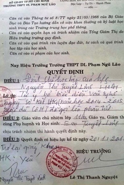 Quyết định đình chỉ học tập của Trường THPT dân lập Phạm Ngũ Lão với em Nguyễn Thị Tuyết Linh