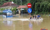 Ngập sâu chia cắt, thuyền chạy phăng phăng trên quốc lộ