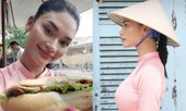 Hoa hậu Hoàn vũ Pia Wurtzbach mặc áo dài, đội nón lá ăn bánh mỳ ở Hội An