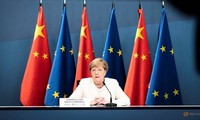 Thủ tướng Đức Angela Merkel trong hội nghị trực tuyến với Chủ tịch Trung Quốc Tập Cận Bình và các lãnh đạo EU ngày 14/9. (Ảnh: Reuters)