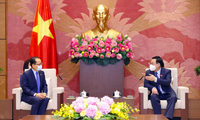 Chủ tịch Quốc hội Vương Đình Huệ (phải) tiếp Đại sứ Campuchia Chay Navuth. (Ảnh: TTXVN)