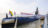 Lễ bàn giao tàu ngầm UMS Minye Kyaw Htin do Trung Quốc chế tạo cho Hải quân Myanmar ngày 24/12/2021. (Ảnh: Global New Light)