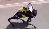 Chú chó robot gắn loa chạy trên đường phố Thượng Hải. (Ảnh cắt từ clip)