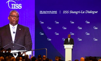 Bộ trưởng Quốc phòng Mỹ Lloyd Austin phát biểu tại Đối thoại Shangri-La ngày 11/6. (Ảnh: CNA)