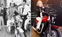 Bức ảnh bà Liz Truss chụp trên xe mô-tô gợi nhớ đến bức ảnh của nữ thủ tướng đầu tiên của Anh Margaret Thatcher (phải). (Ảnh: Getty)