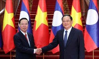 Chủ tịch nước Võ Văn Thưởng hội kiến Thủ tướng Lào Sonexay Siphandone. (Ảnh: TTXVN)