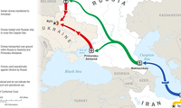Bản đồ đường đi mà Mỹ nói rằng các UAV Iran được chuyển đến Nga