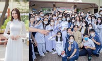 Hoa hậu Thuỳ Tiên diện áo trắng tinh khôi về thăm trường cấp 3