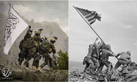 Tấm ảnh Taliban tung ra (trái) để chế nhạo bức ảnh cắm cờ trên đảo Iwo Jima nổi tiếng.