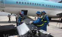 Nhân viên bốc xếp hành lý ký gửi từ hầm hàng máy bay lên xe vận chuyển. (Ảnh: Việt Hùng/Vietnam)