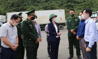 Bà Đoàn Thu Hà, Phó Chủ tịch UBND tỉnh Lạng Sơn cùng lãnh đạo các sở ngành chức năng kiểm tra hoạt động xuất nhập khẩu ở cửa khẩu. Ảnh: Duy Chiến