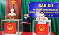 TS Trần Quốc Nam (bên phải ảnh, Chủ tịch UBND tỉnh Ninh Thuận) bỏ phiếu bầu cử tại TP Phan Rang - Tháp Chàm. Ảnh CTV
