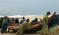 Lực lượng vũ trang Quảng Trị hỗ trợ ngư dân đưa thuyền vào bờ. Ảnh: Thanh Thủy/TTXVN.