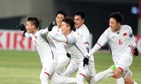 Các cầu thủ U23 Việt Nam ăn mừng bàn mở tỷ số trận đấu vào lưới U23 Hàn Quốc. Ảnh: Hữu Phạm.